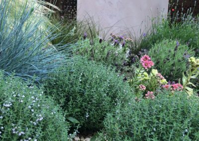 water feature, shrubs, gravel, pebbles