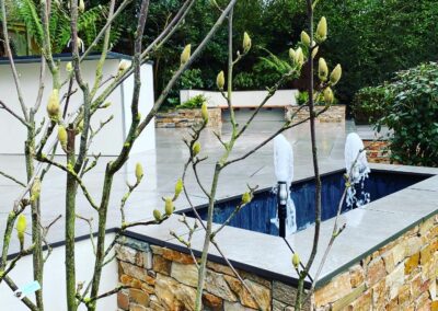 Hard landscaping, water feature, paving, outdoor seating