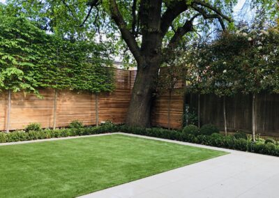 Garden design, hard landscaping, paving, lawn grass, tree.