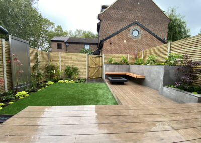 Garden design, decking, fire-pit, outdoor seating, water feature, lawn, grass
