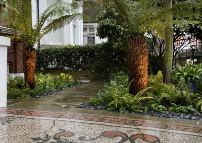 garden design, decorative paving, ferns, pathway, paving. hard landscaping