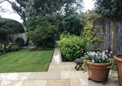 hard landscaping, lawn, paving, outdoor furniture, pots, trees